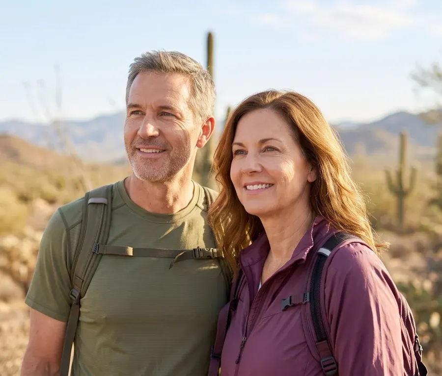 A woman and man smiling outdoors on a hike in the Arizona desert