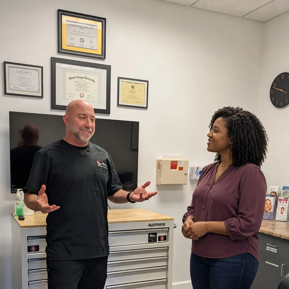 Jess Morgan, FNP-C, talking with a woman in an exam room