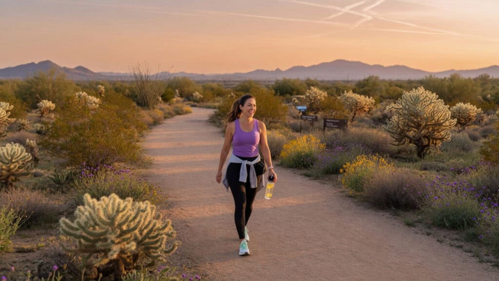 Hormone optimization consultation in Glendale AZ - Woman walking on trail in AZ desert